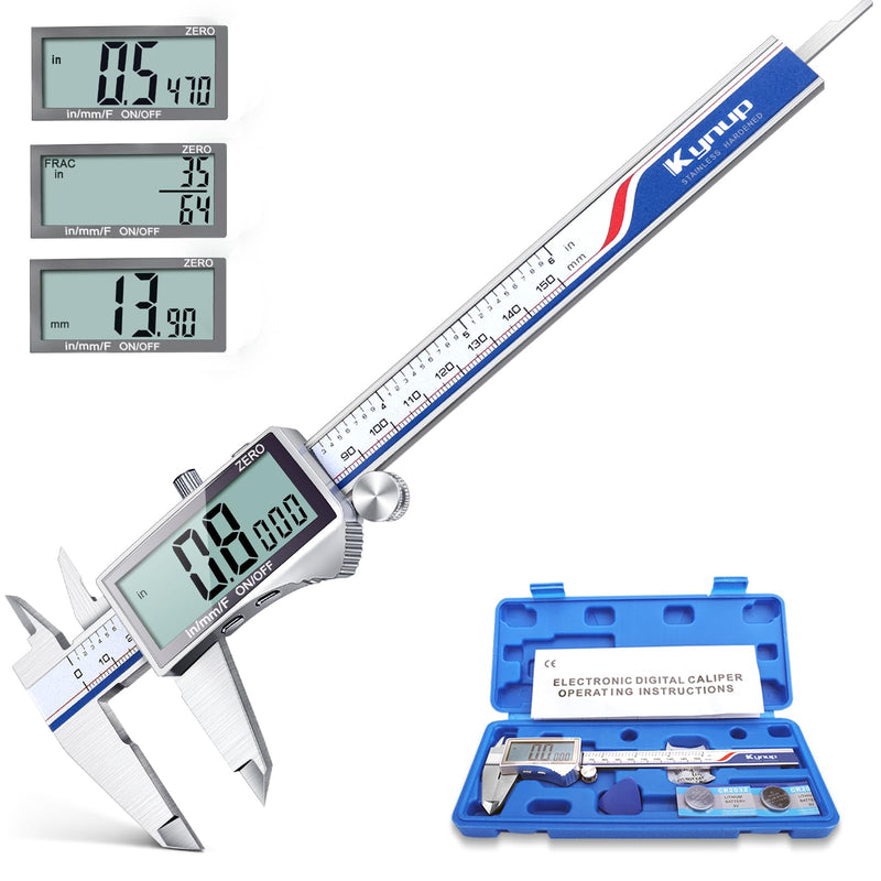 Kynup Digital Caliper Measuring Tool, Vernier Dial Caliper Digital Outside Micrometer, 6 Inch Caliper DIY Tool, Stainless Steel, Large Screen, Splash Proof, Inch Metric Fraction Switch 301-2