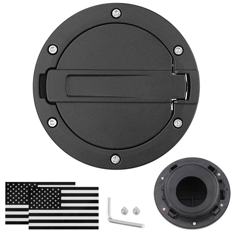 Fuel Filler Door Cap Black Gas Cover Cap Compatible with Jeep Wrangler 2007-2017 JK & Unlimited 2 door and 4 door + US Flag stickers cross bar Accessories,Aluminum+ABS Accessories