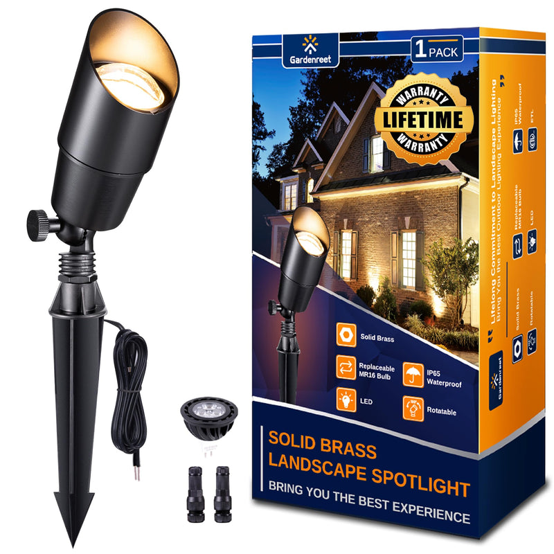 Gardenreet Landscape Spotlights Low Voltage - Brass Outdoor Uplight LED 12V, Wired Spot Lights IP65 Waterproof, Black for Exterior Garden Yard Tree House with 5W 2700K Warm White MR16 Bulb Black (Wiring Required) 1-Pack (2700K Warm White)