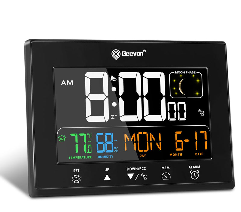 Geevon Digital Atomic Alarm Clocks for Bedrooms with 2 USB Ports, Color VA Display Atomic Clock with Indoor Temperature and Humidity, DST, Calendar, and Moon Phases for Seniors Elderly