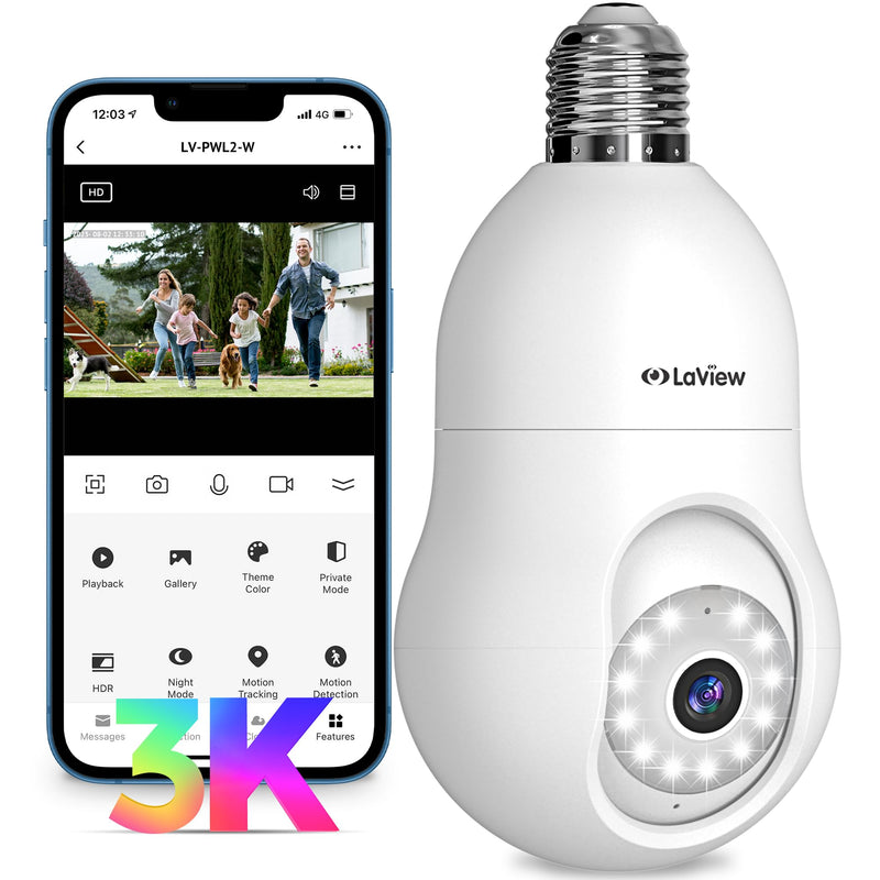 LaView 5MP QHD Bulb Security Camera 2.4GHz, 360° 3K Security Cameras Wireless Outdoor Indoor Full Color Day and Night, AI Motion Detection, Audible Alarm, Easy Installation, Compatible with Alexa 3K-2.4Ghz White