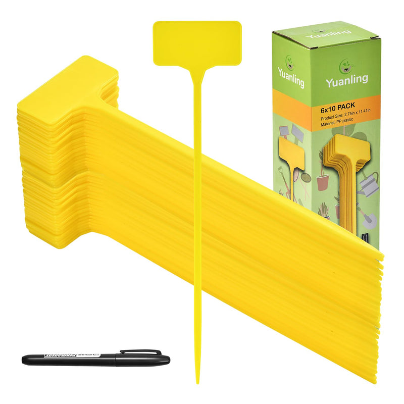 Plant Labels,60PCS Yuanling T-Type 11.4" Large Plastic Plant Tags Waterproof Plant Makers Nursery Garden Labels for Outdoor Indoor Plants Herbs Flowers Vegetable Potted Belt Marker Pen (Yellow) Yellow