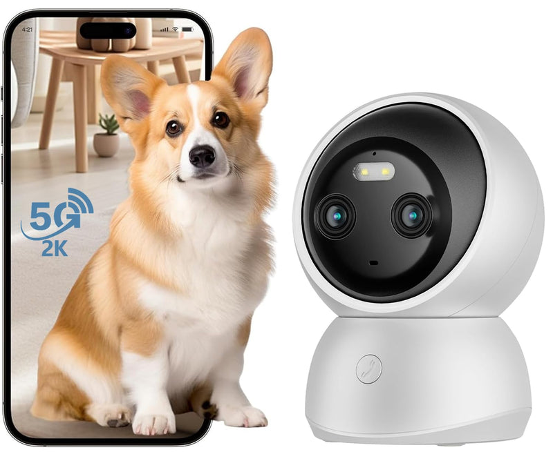 Dual Lens 2K Security Camera Indoor,360° Pet Camera Indoor, 2.4/5GHz WiFi, Motion Tracking, Color Night Vision,One-Touch Call, Motion Detection for Dog/Baby/Elder Monitoring,Compatible with Alexa