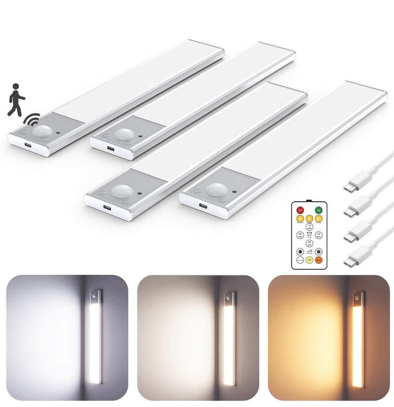 8" Ultra-Thin Under Cabinet Lighting Wireless, Aluminum Alloy Under Counter Lights for Kitchen, 3-Color-Temps Magnetic Closet Lights, Rechargeable Motion Sensor Light Indoor (4 Pack, Silver) Silver_8inch 4Pack