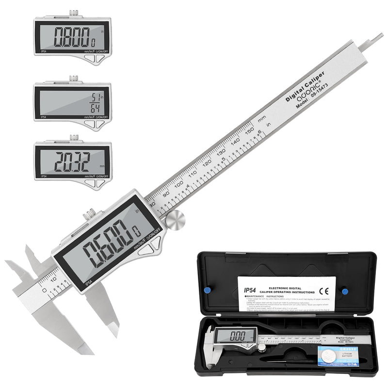 Adoric Digital Caliper, Caliper Measuring Tool Stainless Steel Vernier Caliper Digital Micrometer with Large LCD Screen, Easy Switch from Inch Metric Fraction, 0-6" Caliper Tool for DIY/Household 6" SS-Large LCD
