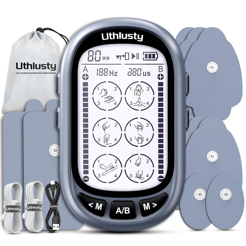 TENS Unit Muscle Stimulator for Pain Relief Therapy–Dual Channel 24 Modes TENS Machine&EMS Muscle Stimulator,Upgraded Large Screen Portable Muscle Stimulator for Back,Shoulder,& Neck Pain with 10 Pads Wolf Gray