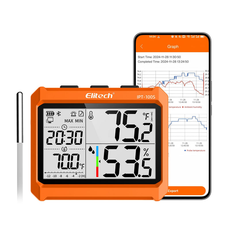 Elitech Digital Bluetooth Hygrometer Thermometer, Refrigerator Thermometer with Free APP, Real-Time Temperature Humidity Monitor with 4.5" Screen, PDF&CSV Data Export, IPT-100S with External Probe 1