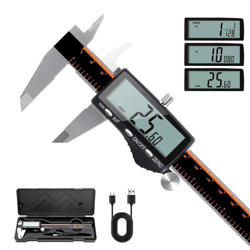 HARDELL Digital Caliper, Rechargeable Calipers with Large LCD Screen, Stainless Steel Caliper Measuring Tool, Auto-Off Micrometer, Inch/MM/Fraction for DIY/Household/3D-printing 6 Inch