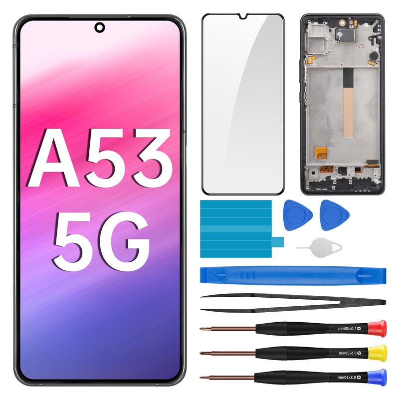 for Samsung Galaxy A53 5G Screen Replacement with Frame LCD Display Touch Digitizer Full Assembly and Side Button Ear Speaker Vibration Motor Glass Repair Tools Kit SM-A536U SM-A536U1