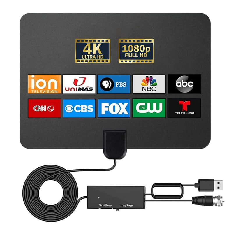 TV Antenna Indoor - Local Channels Digital TV Antenna - Supports 4K 1080p - with Signal Booster - Remote Reception Antenna for Smart TV and Old TVs - 16ft HDTV Coaxial Cable (Black) black Flat thin style