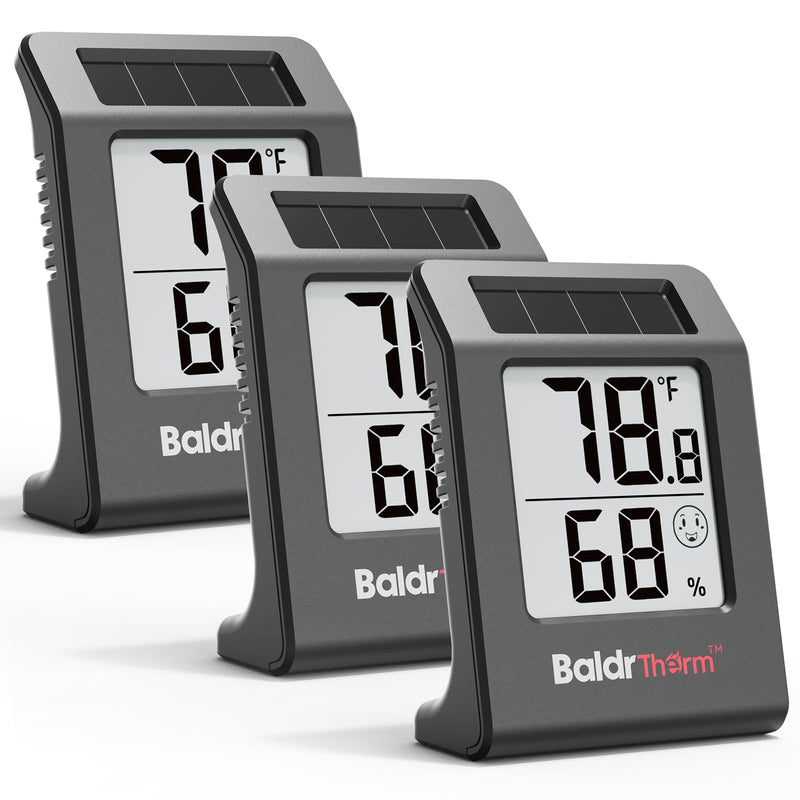 BaldrTherm Humidity Meter Hygrometer, Solar-Powered Room Thermometer Indoor Digital Temperature Sensor Monitor, 2.2''Humidity Gauge for Baby Rooms, Home, Office, 3Pack, Black Black 3pack