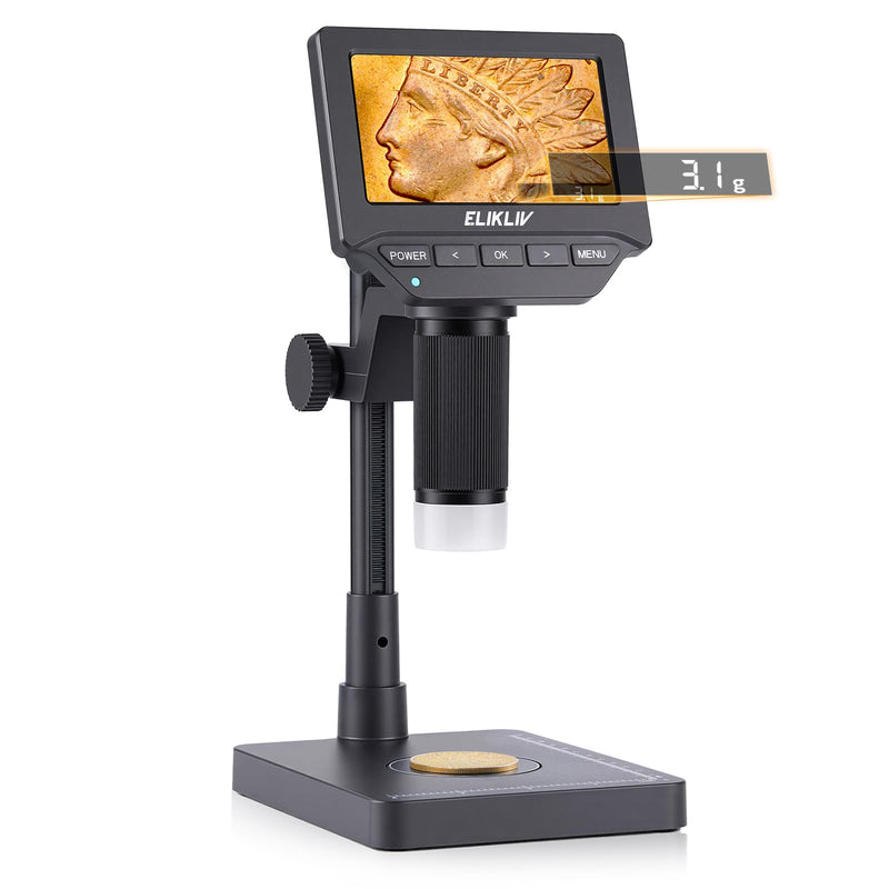 Elikliv EDM4C Coin Microscope with Scale:4.3" Digital Microscope with Adjustable LED, Error Coin Magnifier with Screen & Weighing Scope for Collectors, Jewelers, Students, Windows/Mac Compatible Gray