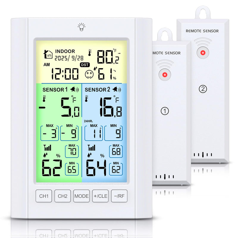 Wireless Freezer Thermometer with Alarm, Temracha Upgraded Digital Fridge Thermometer with Alert, Backlight, Rechargeable, MAX/MIN Record, Refrigerator Thermometer for Kitchen Home Restaurants Color Screen