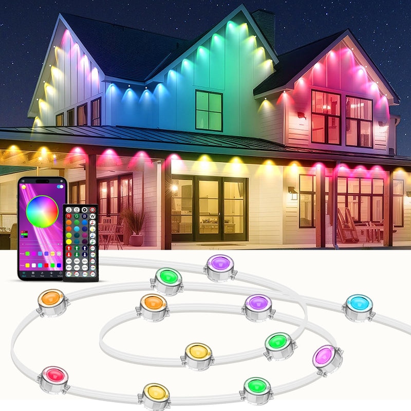 IVRICH 100FT Permanent Outdoor Lights, Smart RGB Eave Light with with Color Changing, APP/Remote Control, IP67 Waterproof, Music Sync, Timer Function, for Halloween, Christmas, Party, Holiday Decor