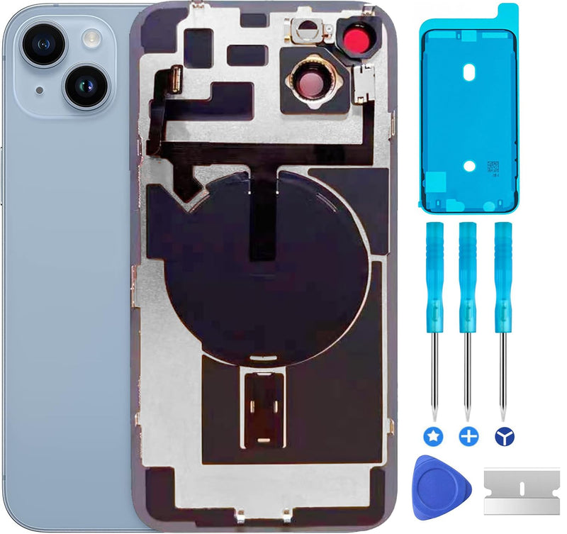 Original Back Glass Cover Battery Door Replacement & Waterproof Tape, Pre-Installed Camera Frame for iPhone 14 All Carriers Repair 14 Tool (Blue) Blue