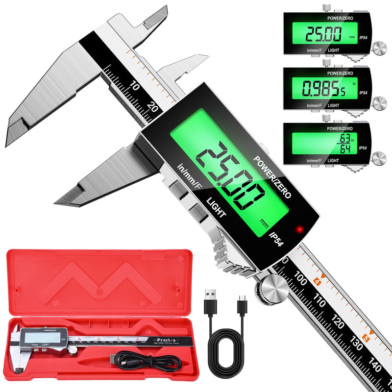 Preciva Backlight Digital Caliper,6inch IP54 Waterproof Rechargeable Electronic Micrometer with LCD Screen, Measurement Conversions for in/MM/F Precision Tool for DIY and Professional Use(Black)