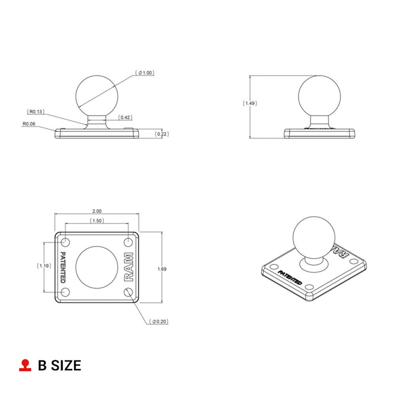 RAM Mounts Ball Adapter with AMPS Plate RAM-B-347U with B Size 1" Ball Standard Packaging - LeoForward Australia
