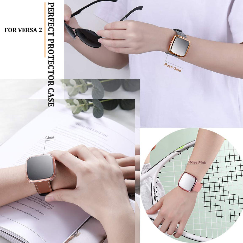 Maledan Ultra Thin Screen Protector Case Compatible with Fitbit Versa 2, 3 Pack TPU HD Full Protective Case Cover Scratch Resistant Shock Absorbing for Versa 2 Smartwatch Bands Accessories Clear/Rose Pink/Rose Gold - LeoForward Australia