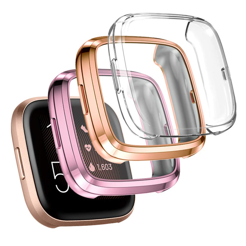 Maledan Ultra Thin Screen Protector Case Compatible with Fitbit Versa 2, 3 Pack TPU HD Full Protective Case Cover Scratch Resistant Shock Absorbing for Versa 2 Smartwatch Bands Accessories Clear/Rose Pink/Rose Gold - LeoForward Australia