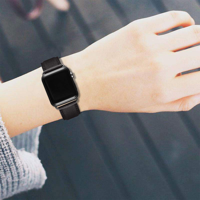 OMIU Square Bands Compatible for Apple Watch 38mm 40mm 42mm 44mm, Genuine Leather Replacement Band Compatible with Apple Watch Series 6/5/4/3/2/1, iWatch SE (Black/Black Connector, 38mm 40mm) Black Black Connector - LeoForward Australia