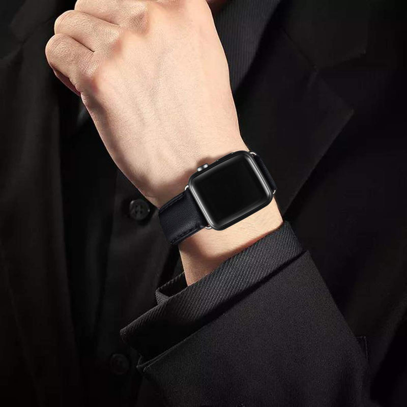 OMIU Square Bands Compatible for Apple Watch 38mm 40mm 42mm 44mm, Genuine Leather Replacement Band Compatible with Apple Watch Series 6/5/4/3/2/1, iWatch SE (Black/Black Connector, 38mm 40mm) Black Black Connector - LeoForward Australia