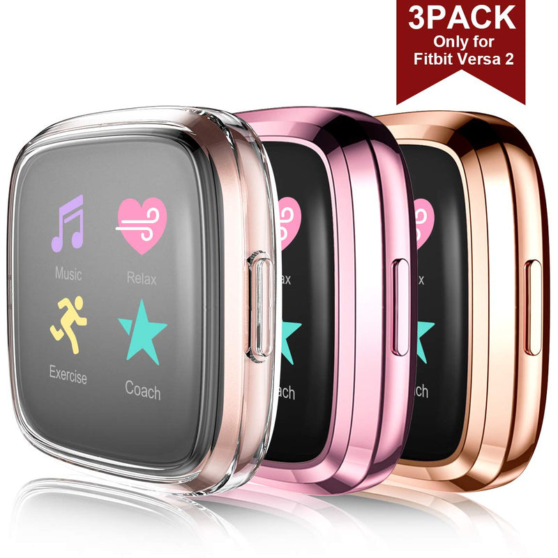 Maledan Ultra Thin Screen Protector Case Compatible with Fitbit Versa 2, 3 Pack TPU HD Full Protective Case Cover Scratch Resistant Shock Absorbing for Versa 2 Smartwatch Bands Accessories Clear/Rose Pink/Rose Gold - LeoForward Australia