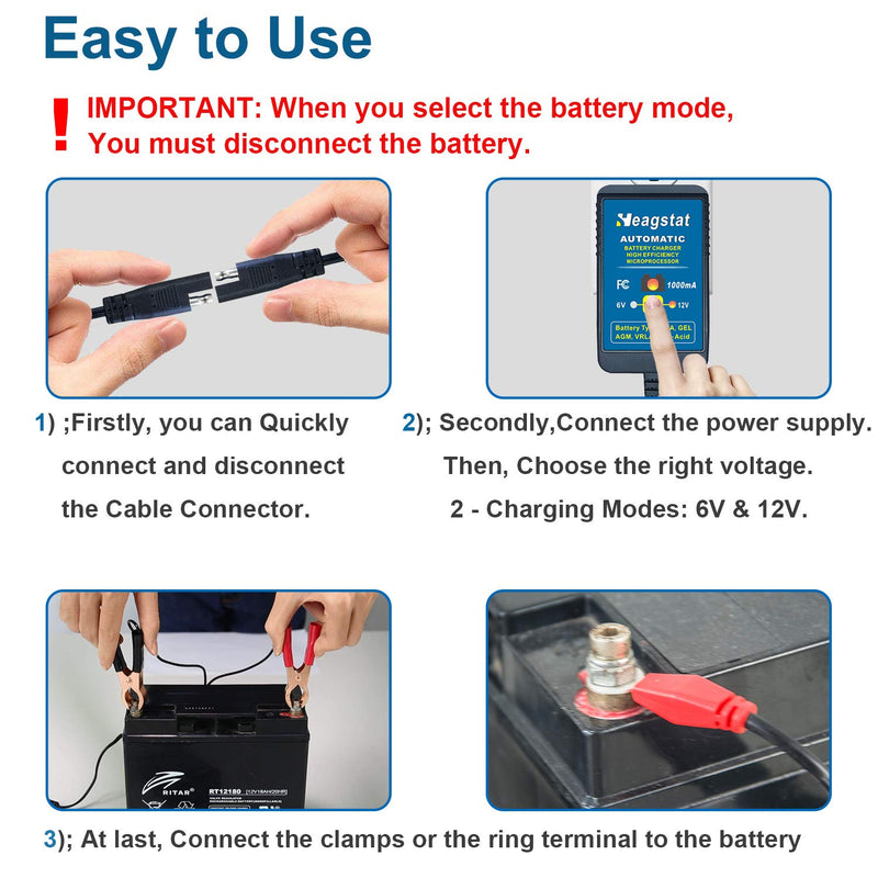 Heagstat Trickle Battery Charger 6V 12V 1000mA Automatic Smart Battery Maintainer for Auto Car Motorcycle Lawn Mower Boat ATV SLA AGM GEL CELL Lead Acid Batteries 1A 12V&6V Blue - LeoForward Australia