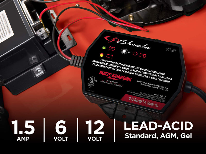 Schumacher SC1300 1.5 Amp 6V/12V Fully Automatic Direct-Mount Onboard Under-the-Hood Smart Battery Charger/Maintainer and Battery Detection for Cars, Motorcycles, Lawn Tractors, Power Sports - LeoForward Australia