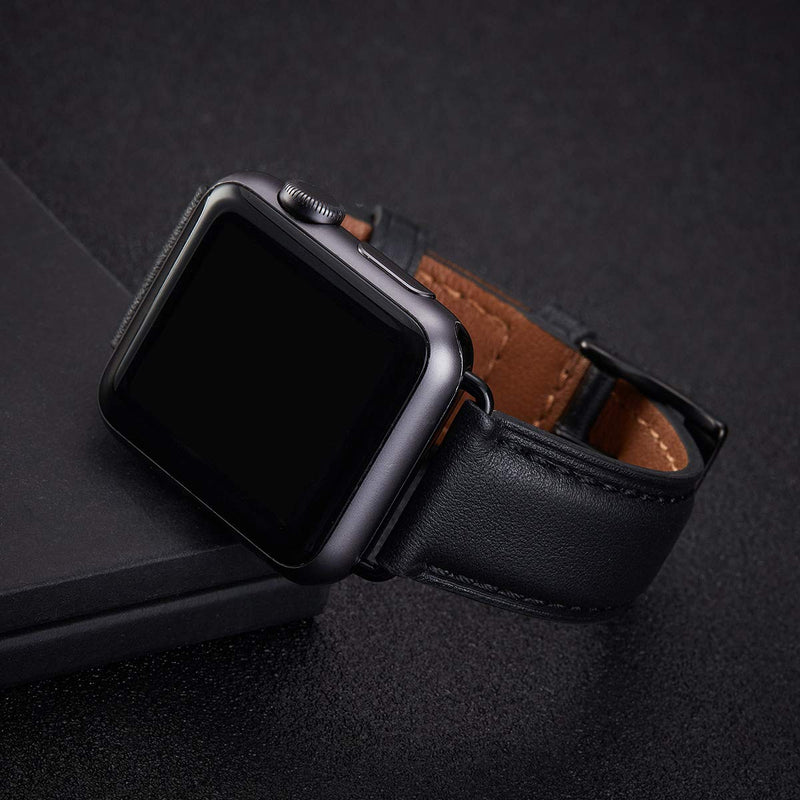 OMIU Square Bands Compatible for Apple Watch 38mm 40mm 42mm 44mm, Genuine Leather Replacement Band Compatible with Apple Watch Series 6/5/4/3/2/1, iWatch SE (Black/Black Connector, 38mm 40mm) Black Black Connector - LeoForward Australia