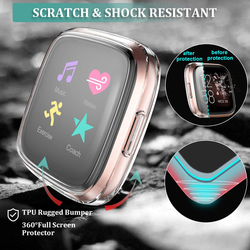 Maledan Ultra Thin Screen Protector Case Compatible with Fitbit Versa 2, 3 Pack TPU HD Full Protective Case Cover Scratch Resistant Shock Absorbing for Versa 2 Smartwatch Bands Accessories Clear/Rose Pink/Rose Gold - LeoForward Australia