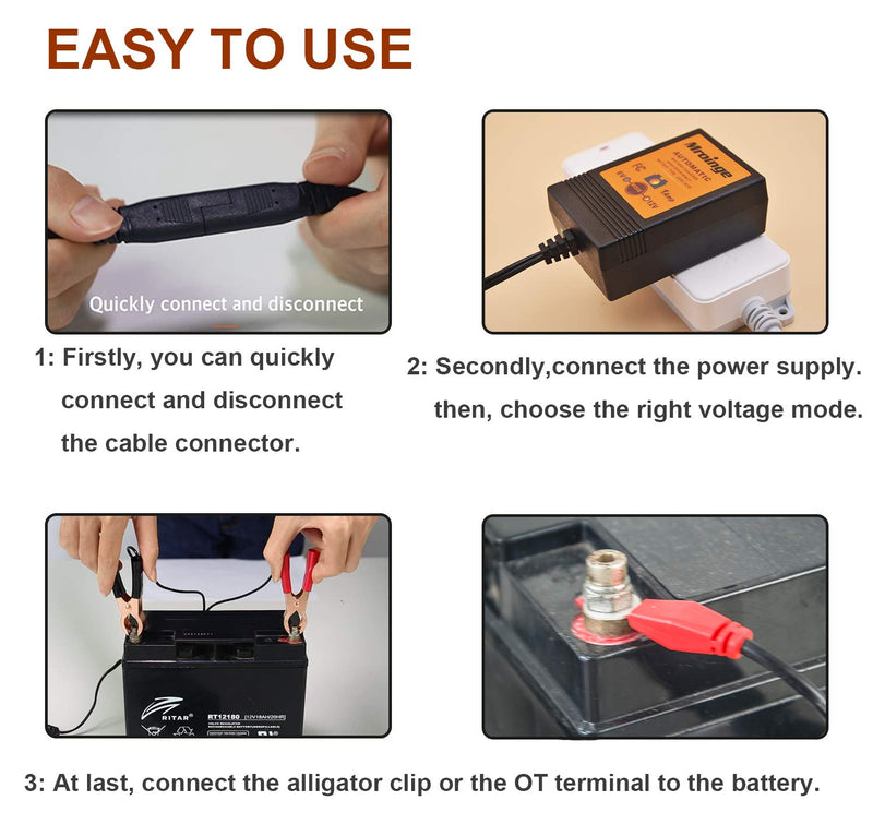 Mroinge 6V / 12V 1A Fully Automatic Trickle Battery Charger/Maintainer for Automotive Vehicle Motorcycle Lawn Mower ATV RV Powersport Boat, Sealed Deep-Cycle AGM Gel Cell Lead Acid Batteries 6V/12V @ 1.0 AMP - LeoForward Australia
