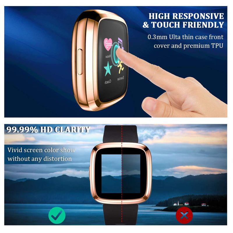 Maledan Ultra Thin Screen Protector Case Compatible with Fitbit Versa 2, 3 Pack TPU HD Full Protective Case Cover Scratch Resistant Shock Absorbing for Versa 2 Smartwatch Bands Accessories Clear/Rose Pink/Rose Gold - LeoForward Australia