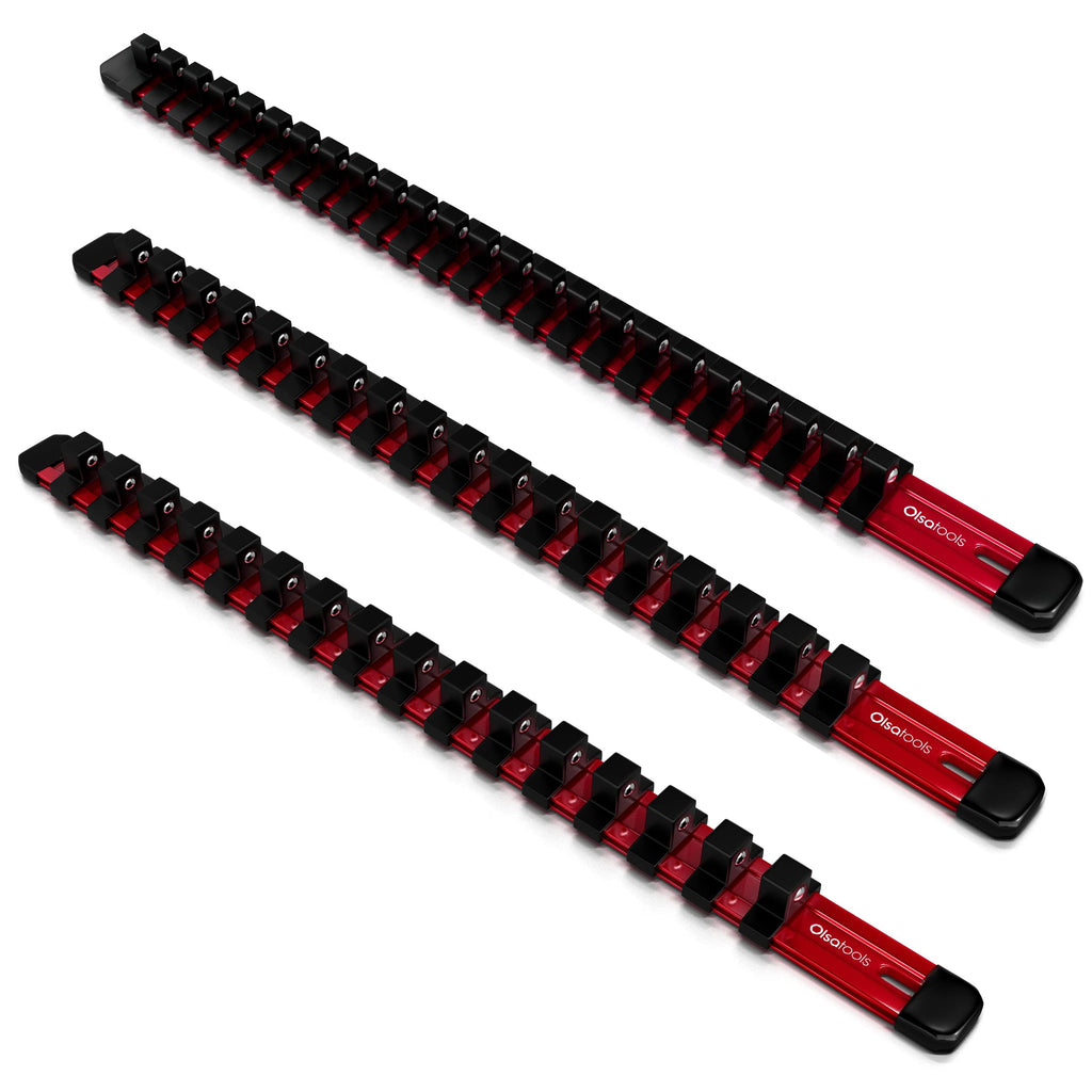  [AUSTRALIA] - Olsa Tools 1/2-Inch, 3/8-Inch & 1/4-Inch Drive Aluminum Socket Organizer | Professional Quality Socket Holder (Red) Red