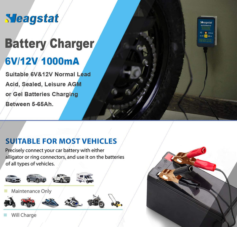 Heagstat Trickle Battery Charger 6V 12V 1000mA Automatic Smart Battery Maintainer for Auto Car Motorcycle Lawn Mower Boat ATV SLA AGM GEL CELL Lead Acid Batteries 1A 12V&6V Blue - LeoForward Australia