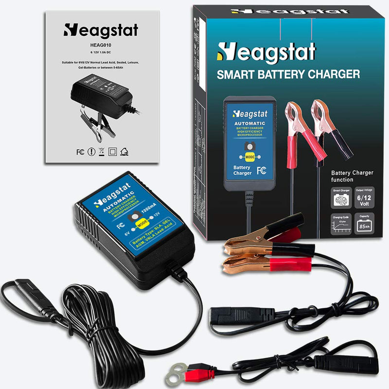 Heagstat Trickle Battery Charger 6V 12V 1000mA Automatic Smart Battery Maintainer for Auto Car Motorcycle Lawn Mower Boat ATV SLA AGM GEL CELL Lead Acid Batteries 1A 12V&6V Blue - LeoForward Australia