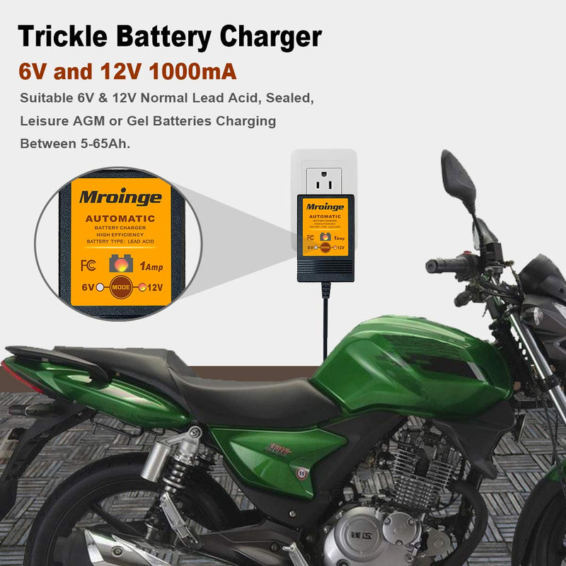 Mroinge 6V / 12V 1A Fully Automatic Trickle Battery Charger/Maintainer for Automotive Vehicle Motorcycle Lawn Mower ATV RV Powersport Boat, Sealed Deep-Cycle AGM Gel Cell Lead Acid Batteries 6V/12V @ 1.0 AMP - LeoForward Australia
