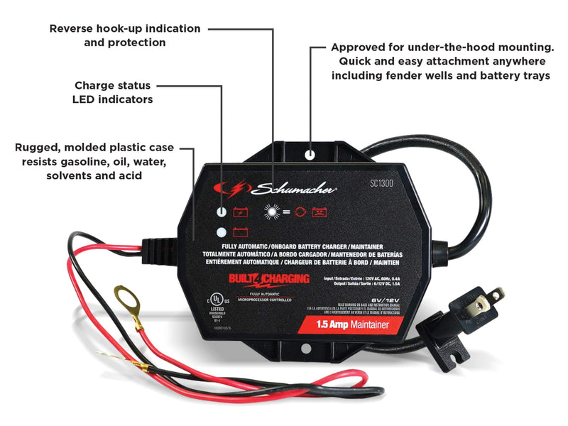 Schumacher SC1300 1.5 Amp 6V/12V Fully Automatic Direct-Mount Onboard Under-the-Hood Smart Battery Charger/Maintainer and Battery Detection for Cars, Motorcycles, Lawn Tractors, Power Sports - LeoForward Australia