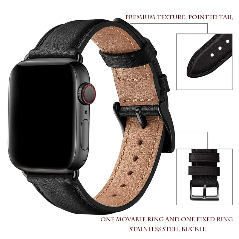 OMIU Square Bands Compatible for Apple Watch 38mm 40mm 42mm 44mm, Genuine Leather Replacement Band Compatible with Apple Watch Series 6/5/4/3/2/1, iWatch SE (Black/Black Connector, 38mm 40mm) Black Black Connector - LeoForward Australia