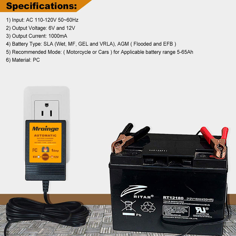 Mroinge 6V / 12V 1A Fully Automatic Trickle Battery Charger/Maintainer for Automotive Vehicle Motorcycle Lawn Mower ATV RV Powersport Boat, Sealed Deep-Cycle AGM Gel Cell Lead Acid Batteries 6V/12V @ 1.0 AMP - LeoForward Australia