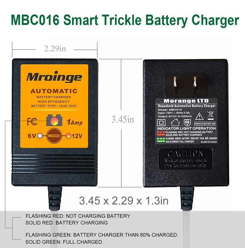 Mroinge 6V / 12V 1A Fully Automatic Trickle Battery Charger/Maintainer for Automotive Vehicle Motorcycle Lawn Mower ATV RV Powersport Boat, Sealed Deep-Cycle AGM Gel Cell Lead Acid Batteries 6V/12V @ 1.0 AMP - LeoForward Australia