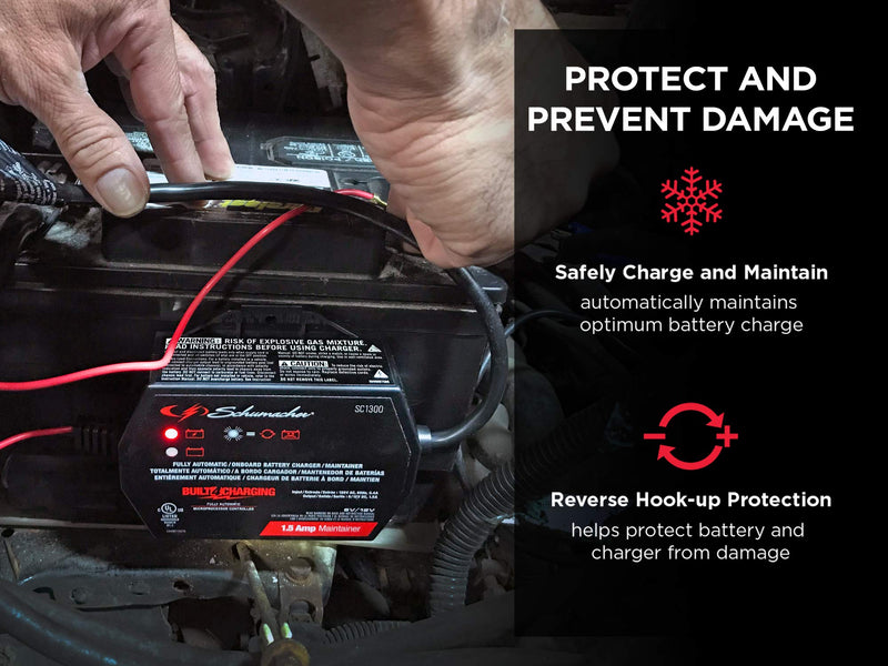 Schumacher SC1300 1.5 Amp 6V/12V Fully Automatic Direct-Mount Onboard Under-the-Hood Smart Battery Charger/Maintainer and Battery Detection for Cars, Motorcycles, Lawn Tractors, Power Sports - LeoForward Australia