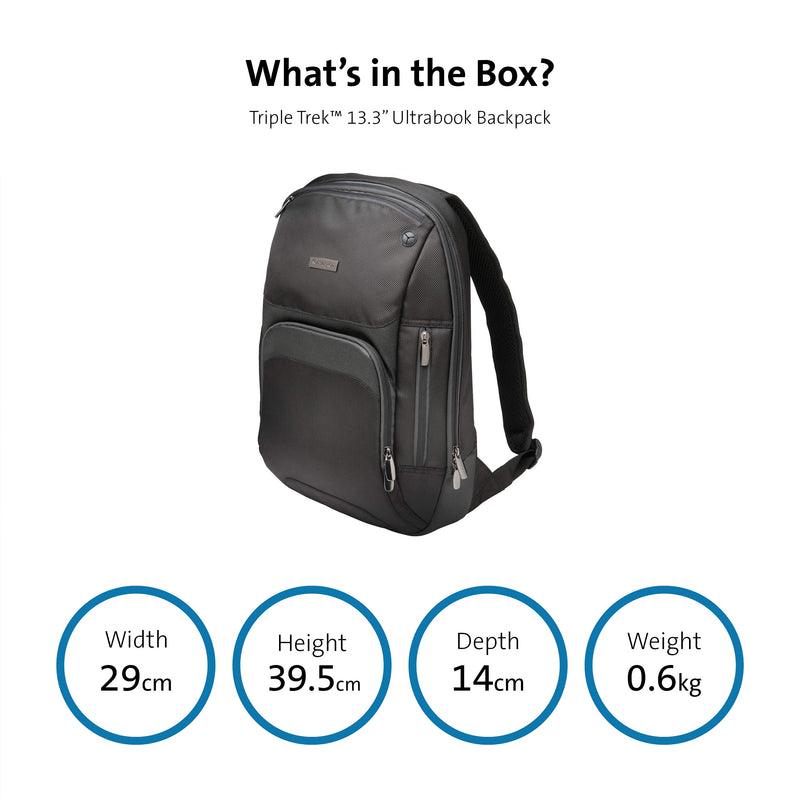 Kensington Triple Trek Slim Backpack for MacBooks, Chromebooks, Tablets & Ultrabooks up to 13-Inch-14-Inch (K62591AM), Black - LeoForward Australia