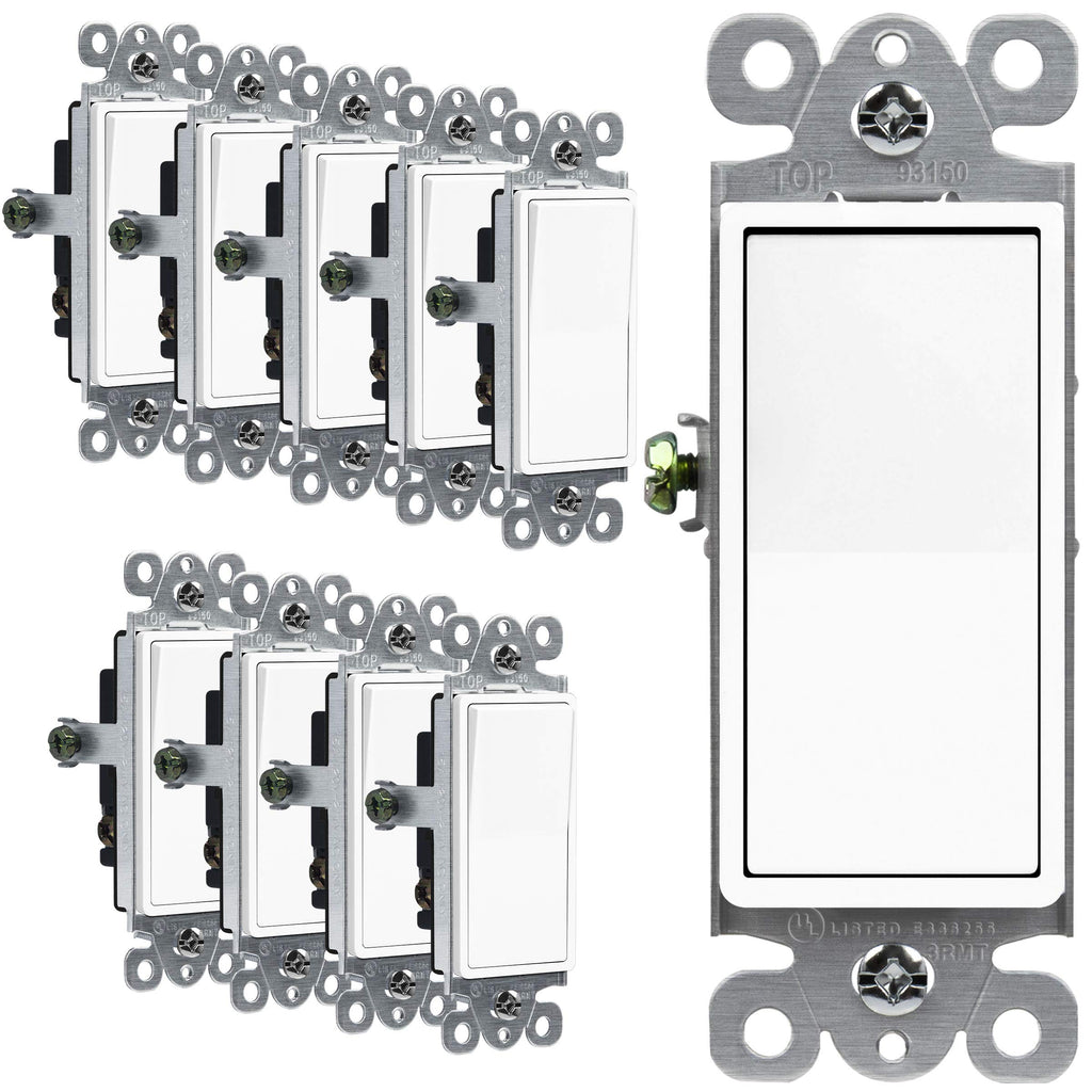 ENERLITES 3-Way Decorator Paddle Rocker Light Switch, Single Pole or Three Way, 3 Wire, Grounding Screw, Residential Grade, 15A 120V/277V, UL Listed, 93150-W-10PCS, White (10 Pack) White -10 Pack - LeoForward Australia