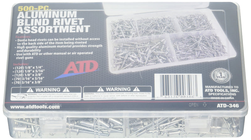  [AUSTRALIA] - ATD Tools ATD-346 500 Pc. Aluminum Blind Rivet Assortment, 1 Pack