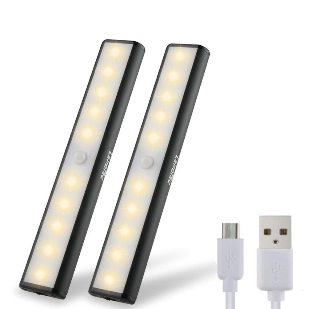 Wireless Motion Sensor Cabinet Light Drawer Closet Lights,USB Rechargeable 10 LED Cabinet Lighting,Magnetic Removable Stick-On Anywhere for Wardrobe/Stairs/Closet/Drawer, Warm White, 2 Pack Black-warm White Light - LeoForward Australia