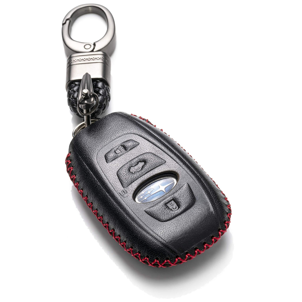 Vitodeco Leather Keyless Remote Smart Key Fob Case Cover with a Key Chain Compatible for 2014-2021 Subaru Forester, Impreza, Outback, WRX, BRZ, XV Crosstrek (4-Button, Black/Red) 4-Button - LeoForward Australia