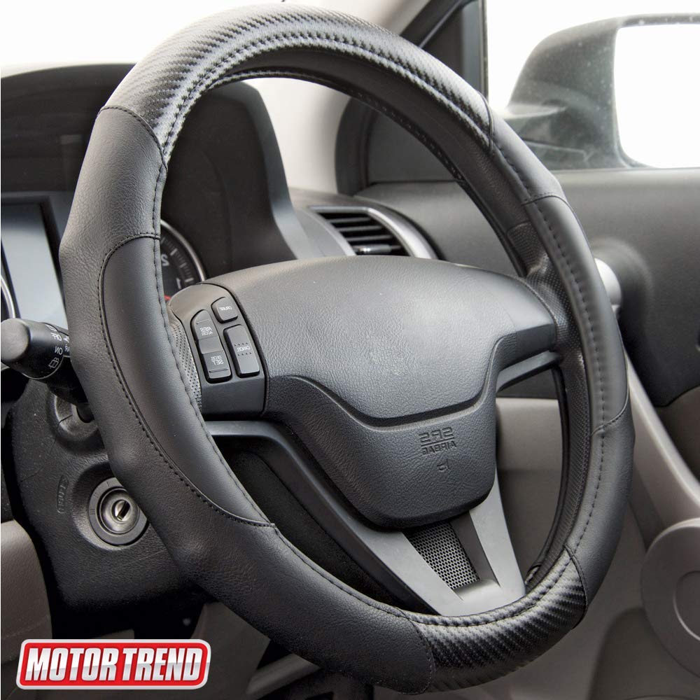 Motor Trend GripDrive Carbon Fiber Steering Wheel Cover – Universal Fit with Microfiber Leather for Steering Wheel Sizes 14.5 15 15.5 inches (Black) Carbon Fiber + Black - LeoForward Australia