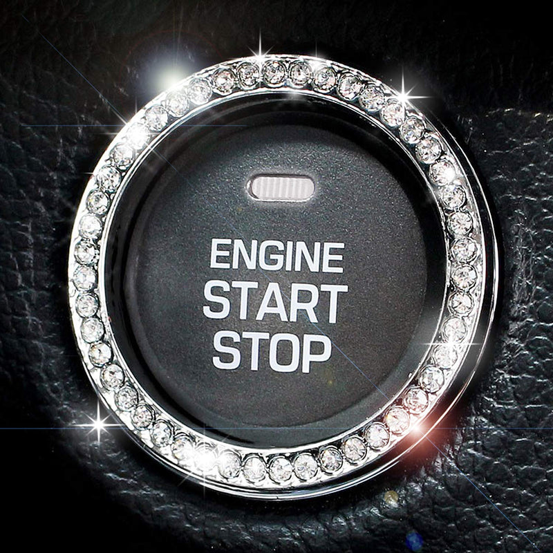  [AUSTRALIA] - Chrystal Bling Ring Emblem Sticker- Zone Tech Rhinestone Start Engine- Ignition Button Car Key Knob-Interior Bling Push Button Auto- Decorative Decal Unique Silver Sparkly- Vehicle Rings Woman Car Acc