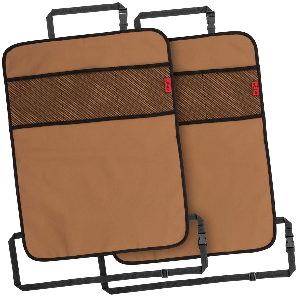 Lusso Gear Heavy Duty Kick Mats (2 Pk) - Back Seat Protector, Sag Proof, Waterproof, Car Back Seat Cover for Kids Who Make Big Messes, 3 Reinforced Storage Pockets, Premium Oxford Fabric Tan - LeoForward Australia