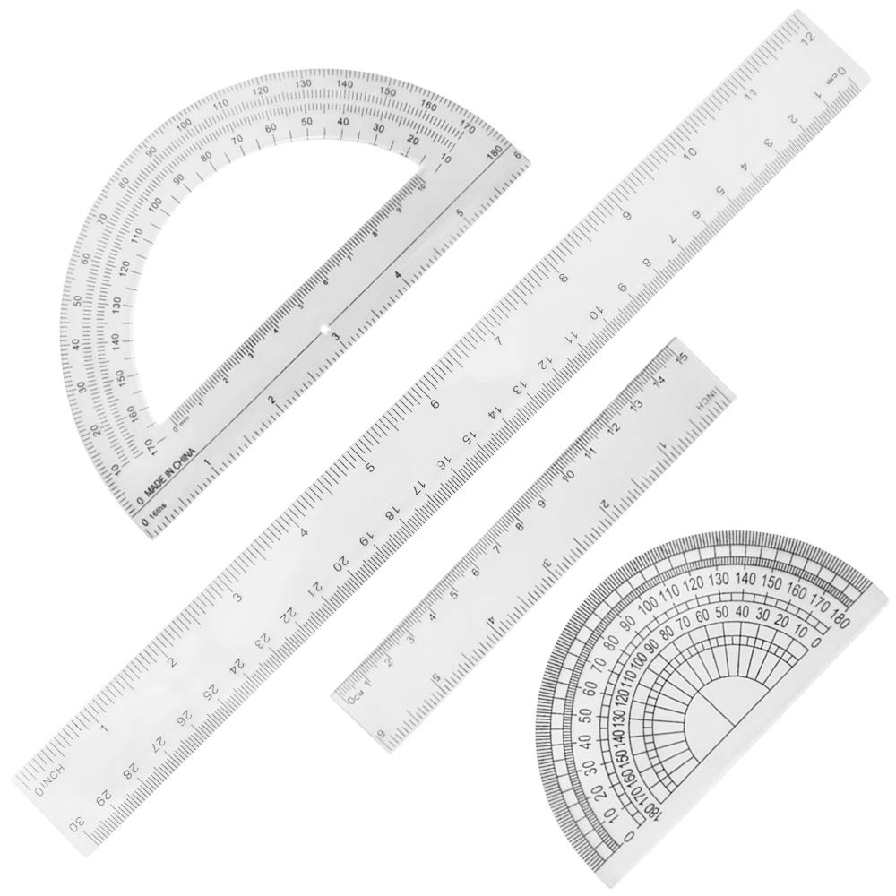  [AUSTRALIA] - Set of 4, Clear Measuring Tools, DaKuan Plastic Straight Ruler (12 Inches and 6 Inches) and Protractor 180 Degree (4 Inch and 6 Inch)